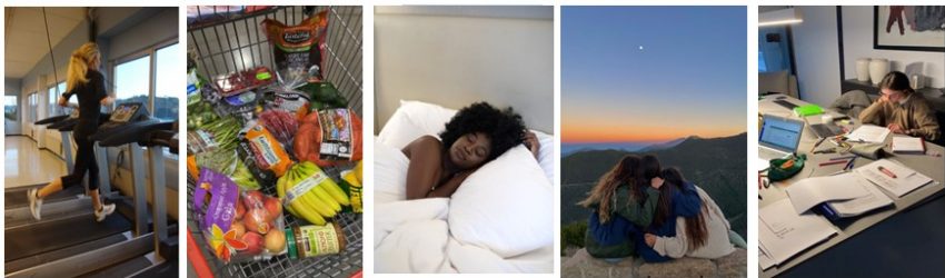 Images are women running on a treadmill, fruits and vegetables in a trolly, women sleeping in bed, three friends enjoying a view, and a girl studying respectfully.