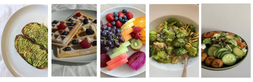 Images are toasted bread with mashed avocado, waffles with a topping of red & black raspberries, mix of fruits, pasta with brocollli and cheese, and a bowl of salad respectively.